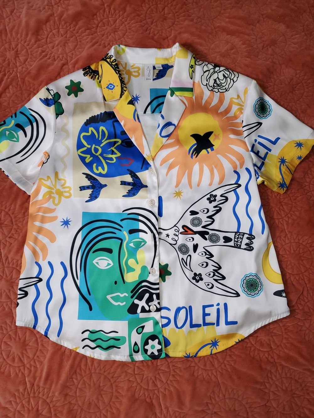Joie Multicolor Graphic Button-Down Shirt — Yellow, Blue, Green, Orange Sz. L